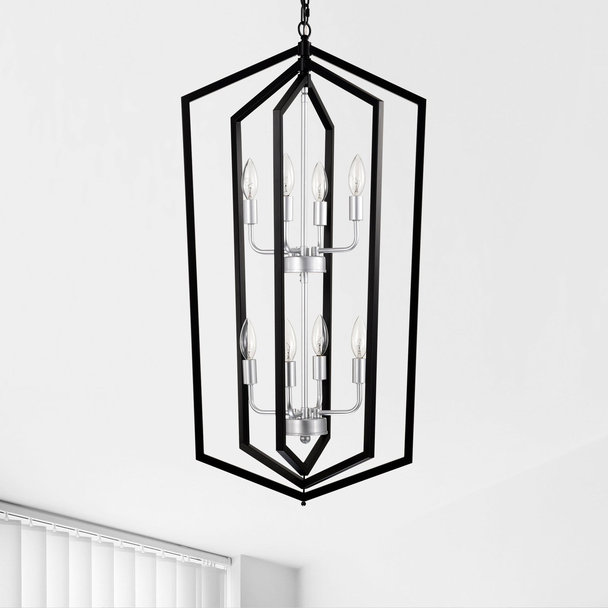 8 Light Farmhouse Kitchen Chandeliers Matte Black And Sliver Vintage Rustic Cage Light Fixture Adjustable Height