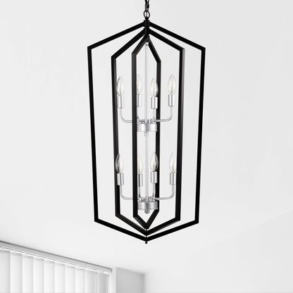8 Light Farmhouse Kitchen Chandeliers Matte Black And Sliver Vintage Rustic Cage Light Fixture Adjustable Height
