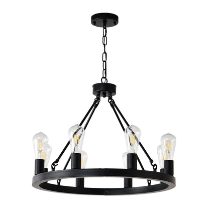 8 Light No Bulbs Matte Black Wagon Wheel Chandelier Farmhouse Modern Small Round Chandelier For Living Room Kitchen