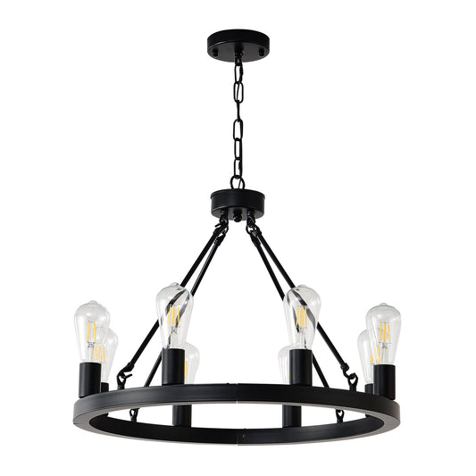 8 Light No Bulbs Matte Black Wagon Wheel Chandelier Farmhouse Modern Small Round Chandelier For Living Room Kitchen