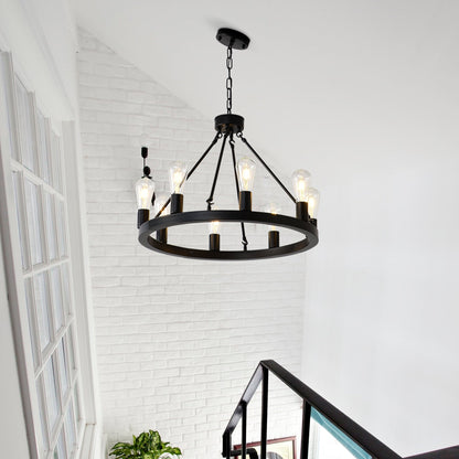 8 Light No Bulbs Matte Black Wagon Wheel Chandelier Farmhouse Modern Small Round Chandelier For Living Room Kitchen