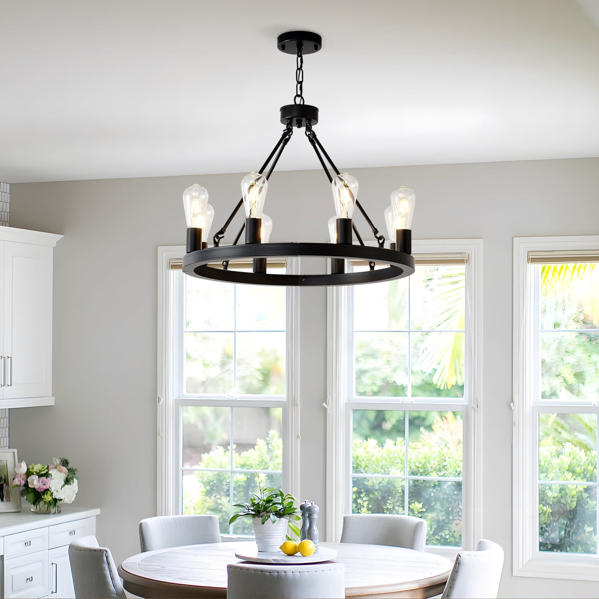 8 Light No Bulbs Matte Black Wagon Wheel Chandelier Farmhouse Modern Small Round Chandelier For Living Room Kitchen