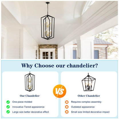 8 Light Farmhouse Hanging Lights Living Room Chandelier with Lantern Frame