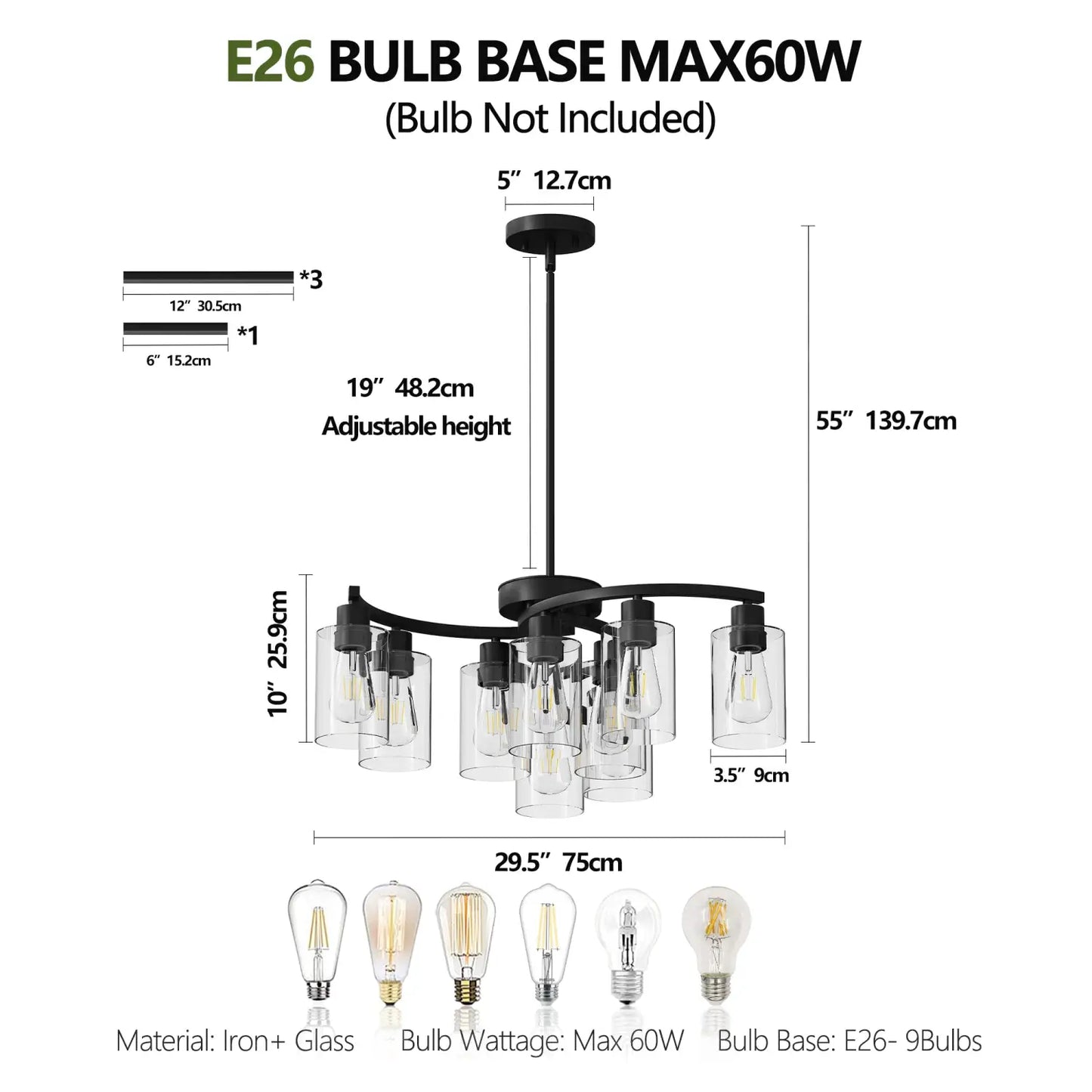 9-Light Black Modern Chandeliers For Dining Room Adjustable Height Farmhouse Kitchen Island Lighting Industrial Hanging