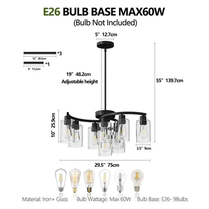 9-Light Black Modern Chandeliers For Dining Room Adjustable Height Farmhouse Kitchen Island Lighting Industrial Hanging