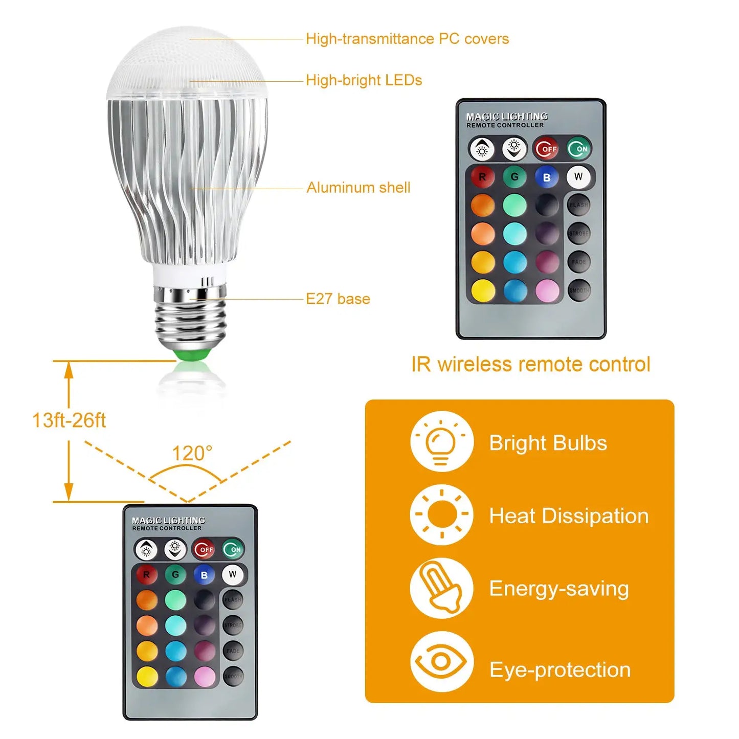 9W LED Remote Control Bulb with E27 RGB Lamp for Decor Lighting - 1 PC White - LED bulb