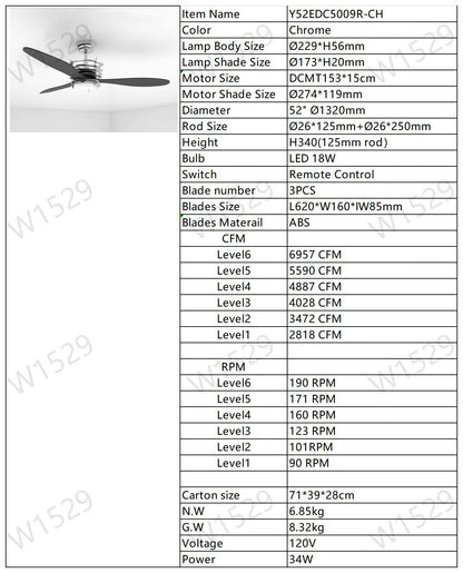 ABS Blades Ceiling Fan With Lights And Remote 6 Speeds Adjustable DC Motor Modern Ceiling Fan With 3 ABS Fan Blades & 2