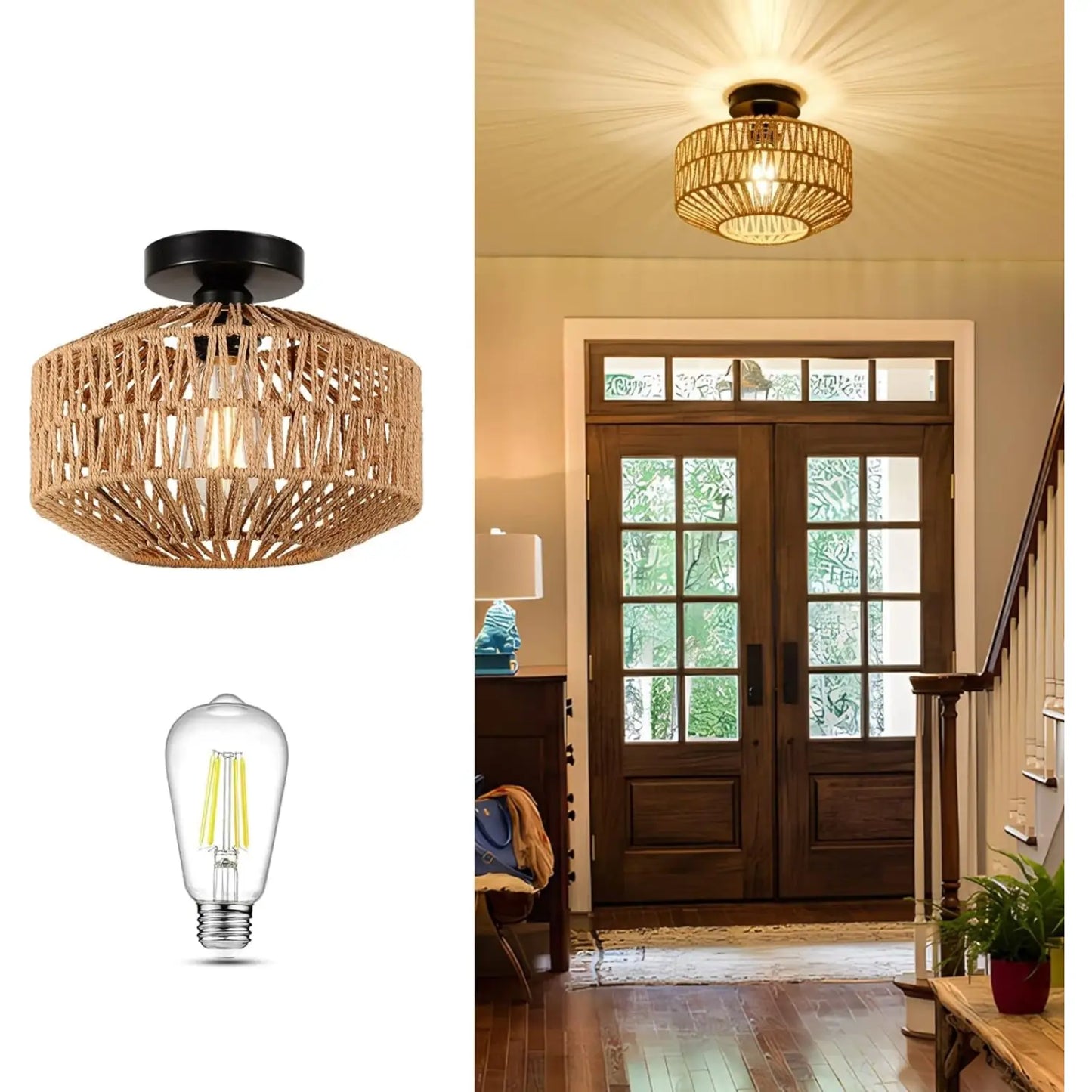 Bohemian Rattan Ceiling Mount Light Fixtures - Brown - Ceiling Light