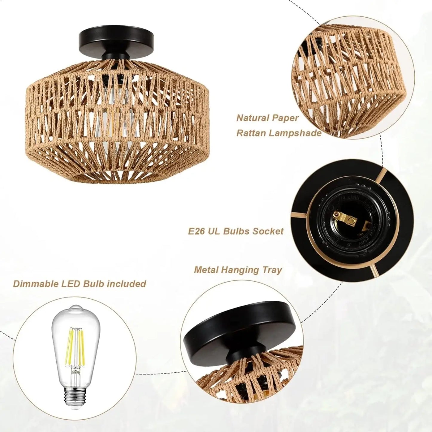 Bohemian Rattan Ceiling Mount Light Fixtures - Brown - Ceiling Light