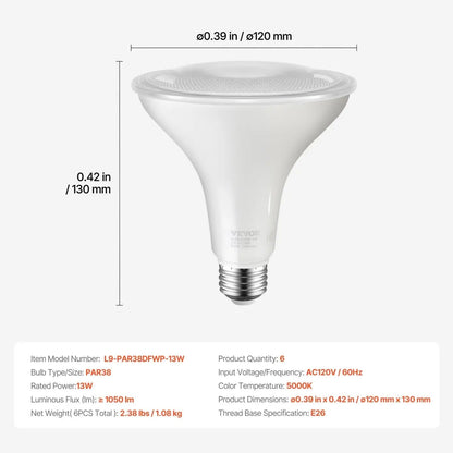 Bright 13W PAR38 Flood Light Bulb with E26 Base - White 6pcs - 12V Hanging Light