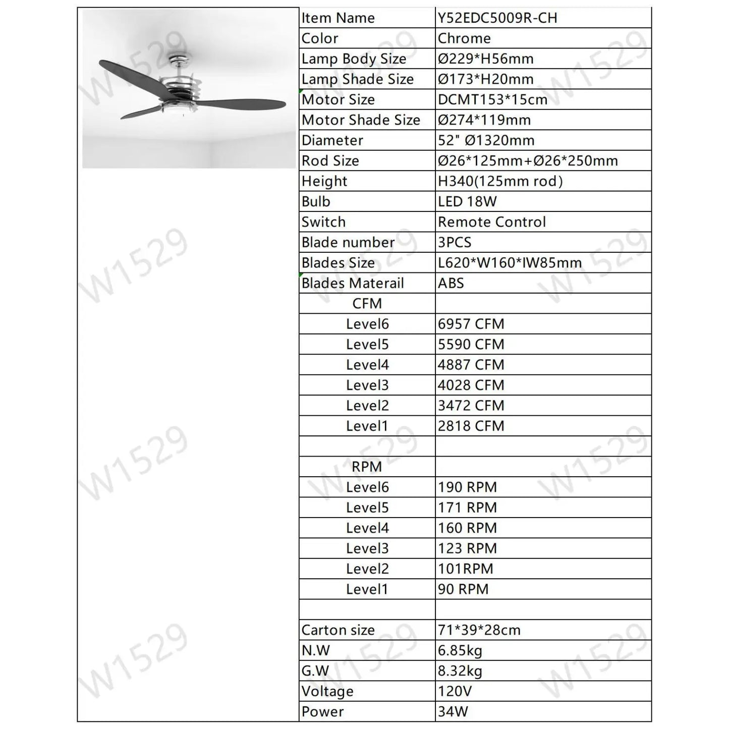ABS Blades Ceiling Fan With Lights And Remote 6 Speeds Adjustable DC Motor Modern Ceiling Fan With 3 ABS Fan Blades & 2