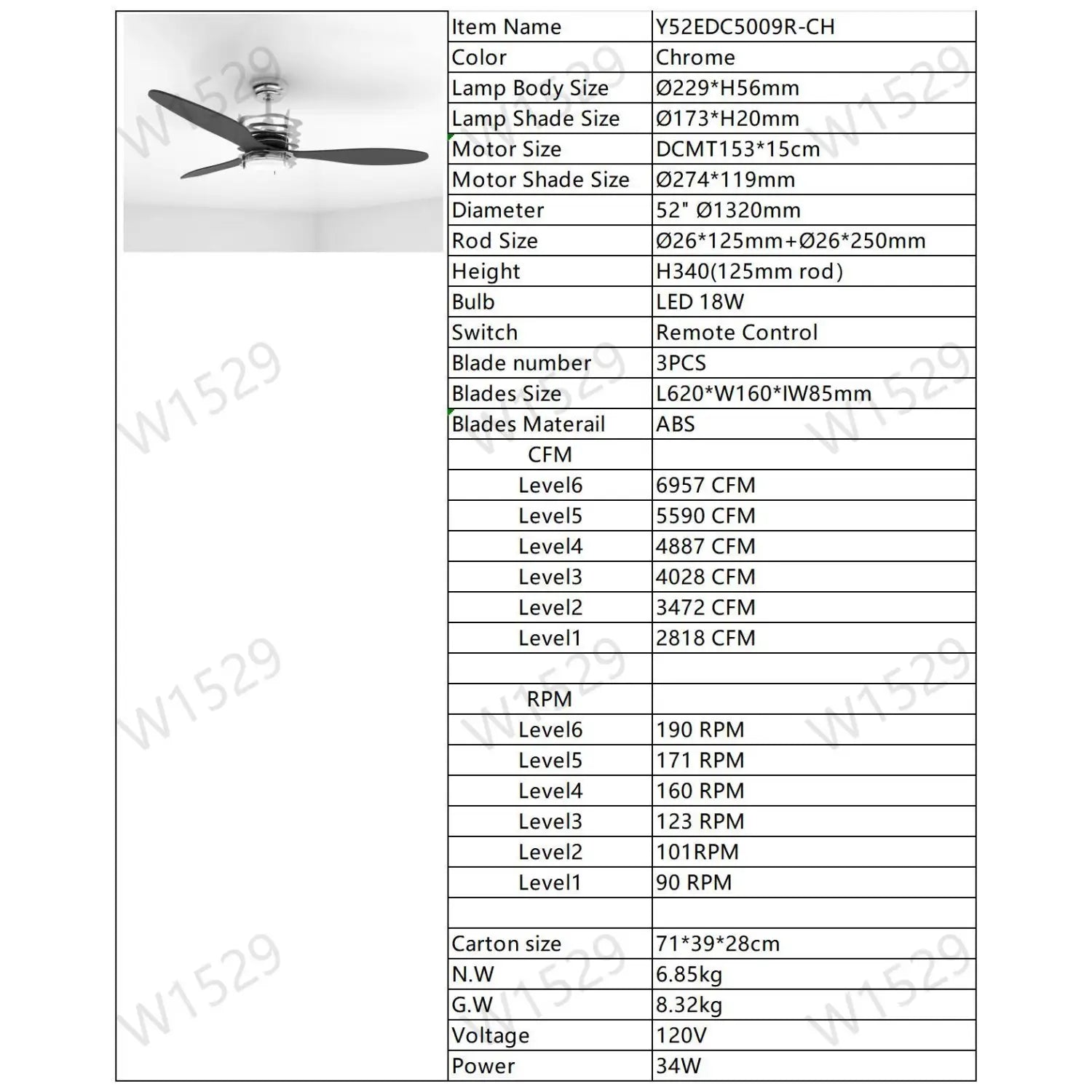 ABS Blades Ceiling Fan With Lights And Remote 6 Speeds Adjustable DC Motor Modern Ceiling Fan With 3 ABS Fan Blades & 2