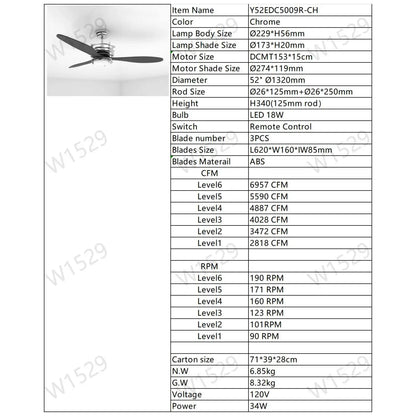 ABS Blades Ceiling Fan With Lights And Remote 6 Speeds Adjustable DC Motor Modern Ceiling Fan With 3 ABS Fan Blades & 2
