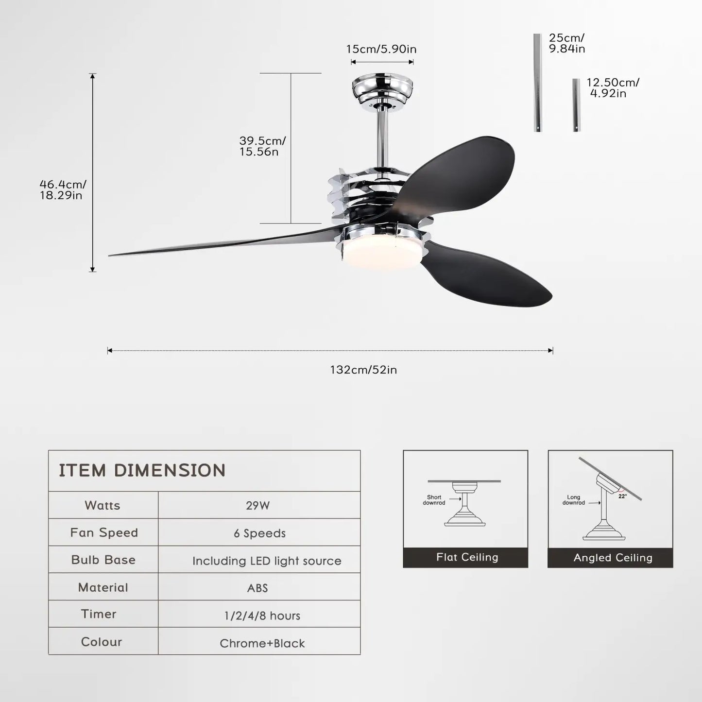 ABS Blades Ceiling Fan With Lights And Remote 6 Speeds Adjustable DC Motor Modern Ceiling Fan With 3 ABS Fan Blades & 2
