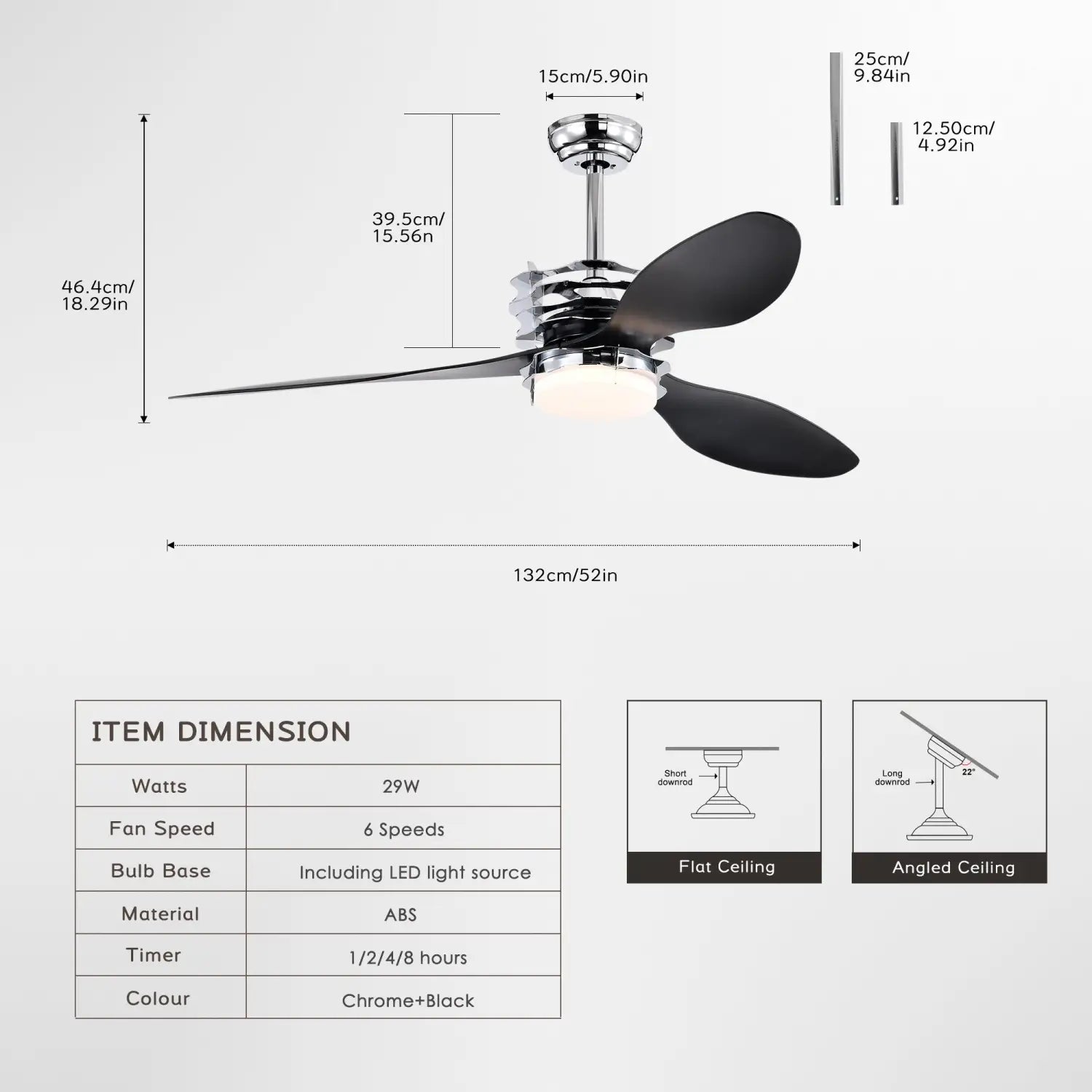 ABS Blades Ceiling Fan With Lights And Remote 6 Speeds Adjustable DC Motor Modern Ceiling Fan With 3 ABS Fan Blades & 2