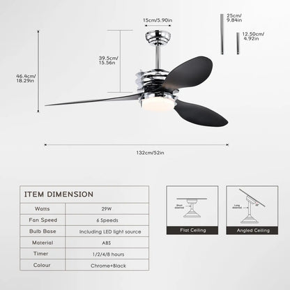 ABS Blades Ceiling Fan With Lights And Remote 6 Speeds Adjustable DC Motor Modern Ceiling Fan With 3 ABS Fan Blades & 2