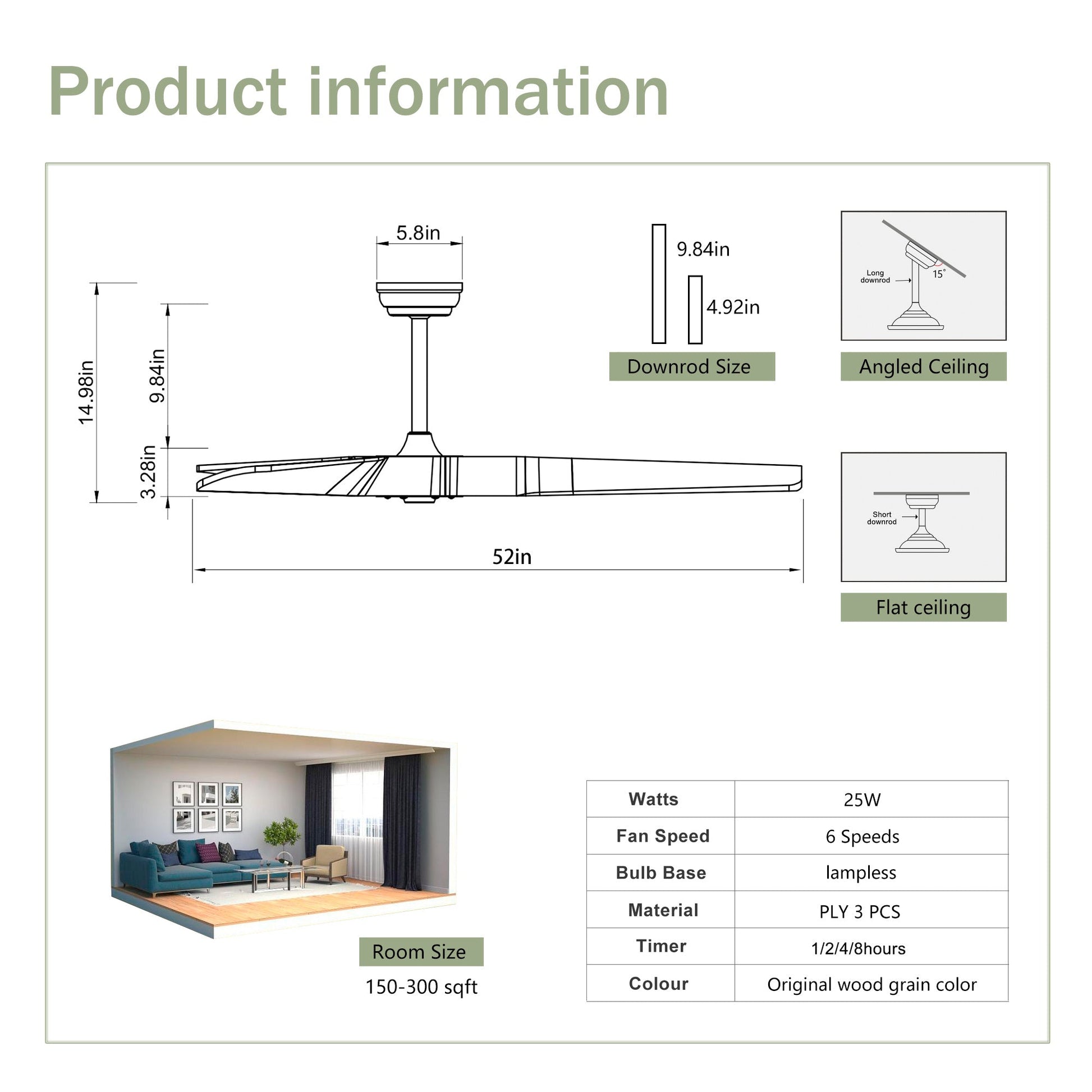 Ceiling Fan With Remote Control No Lights,Modern Reversible DC Motor Indoor 3 Blades Ceiling Fans For Patio Bedroom