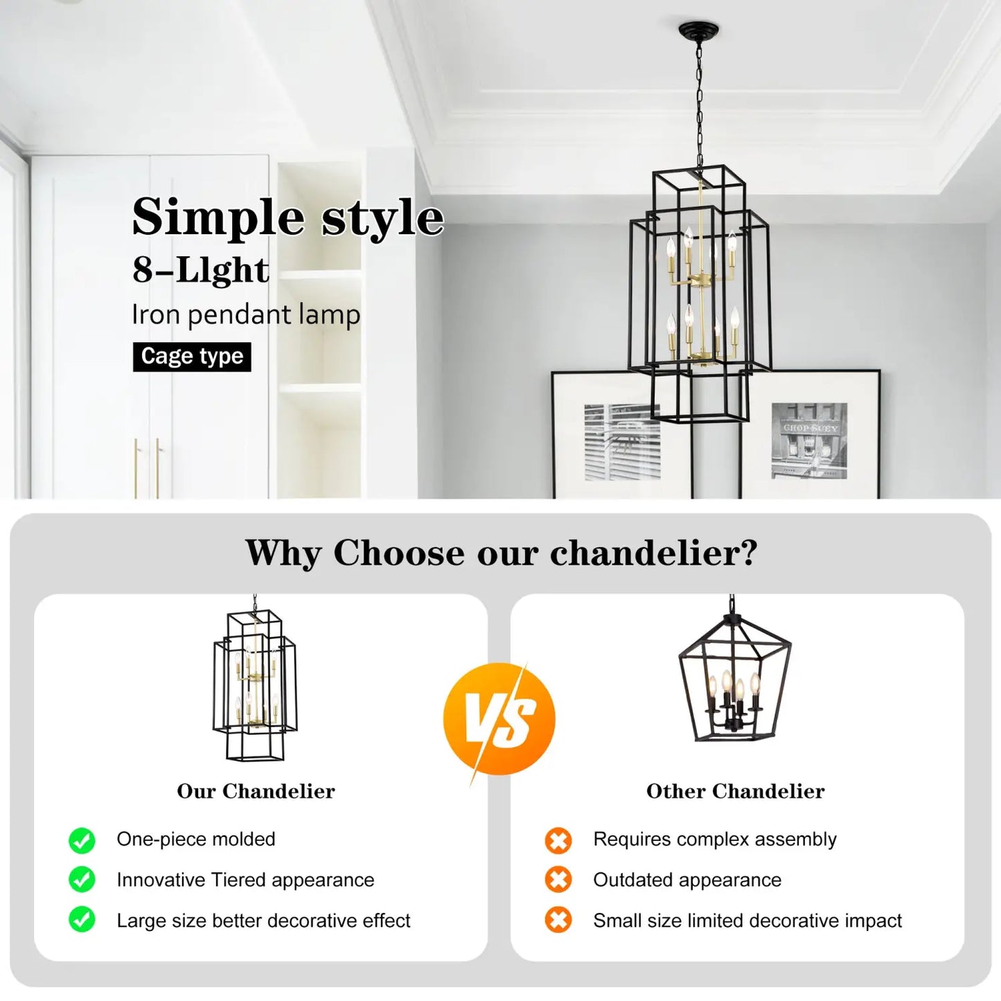 8-Light Metal Lantern Tiered Pendant Hanging Light Fixtures Industrial Farmhouse Adjustable Height Chandeliers