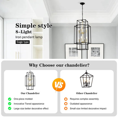 8-Light Metal Lantern Tiered Pendant Hanging Light Fixtures Industrial Farmhouse Adjustable Height Chandeliers