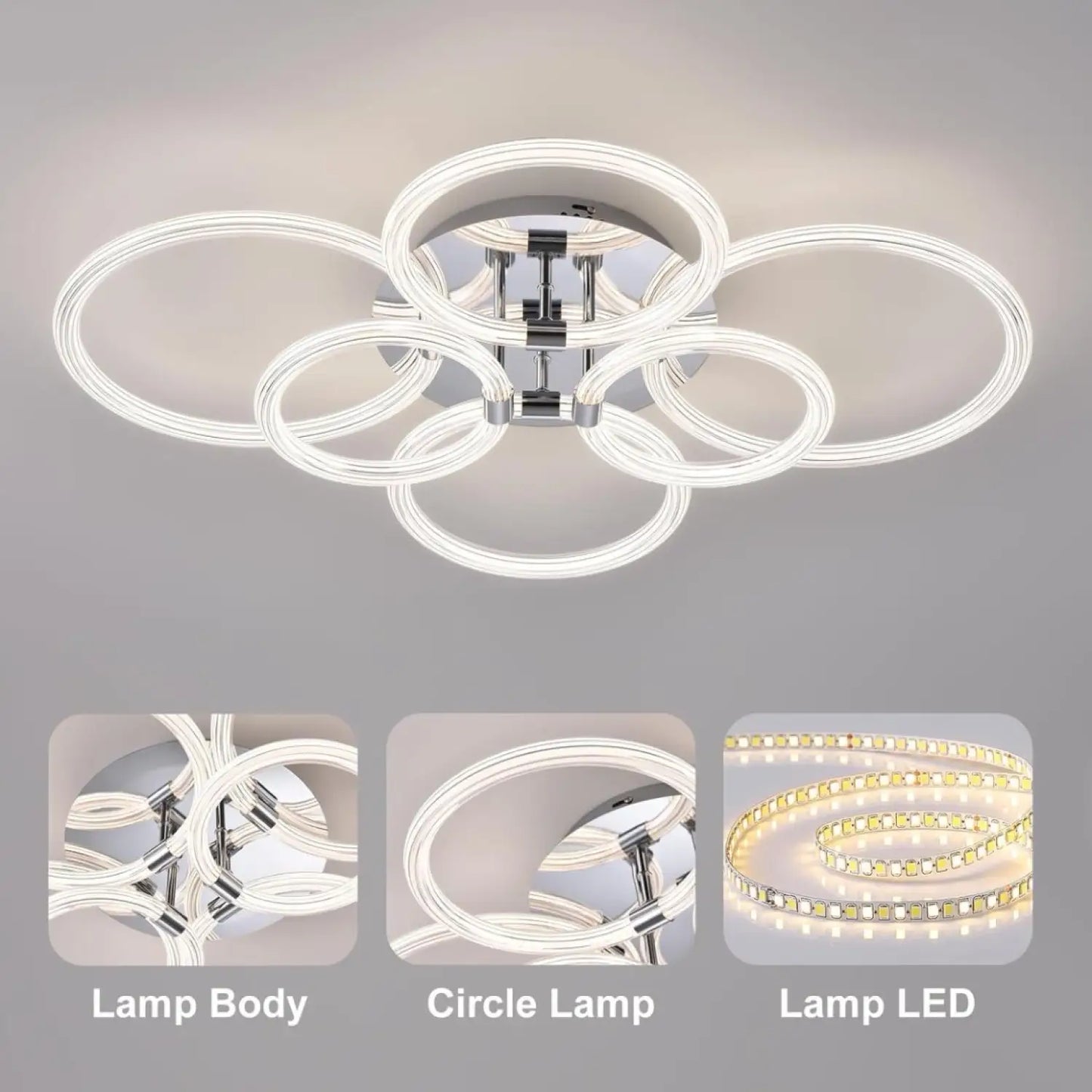 Ceiling Light Mount with 6 Rings Dimmable LED & Remote Control - Chrome Plating - Ceiling Light