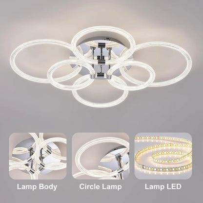 Ceiling Light Mount with 6 Rings Dimmable LED & Remote Control - Chrome Plating - Ceiling Light