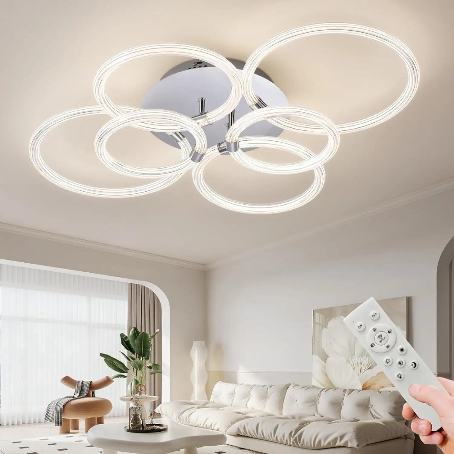 Ceiling Light Mount with 6 Rings Dimmable LED & Remote Control - Chrome Plating - Ceiling Light