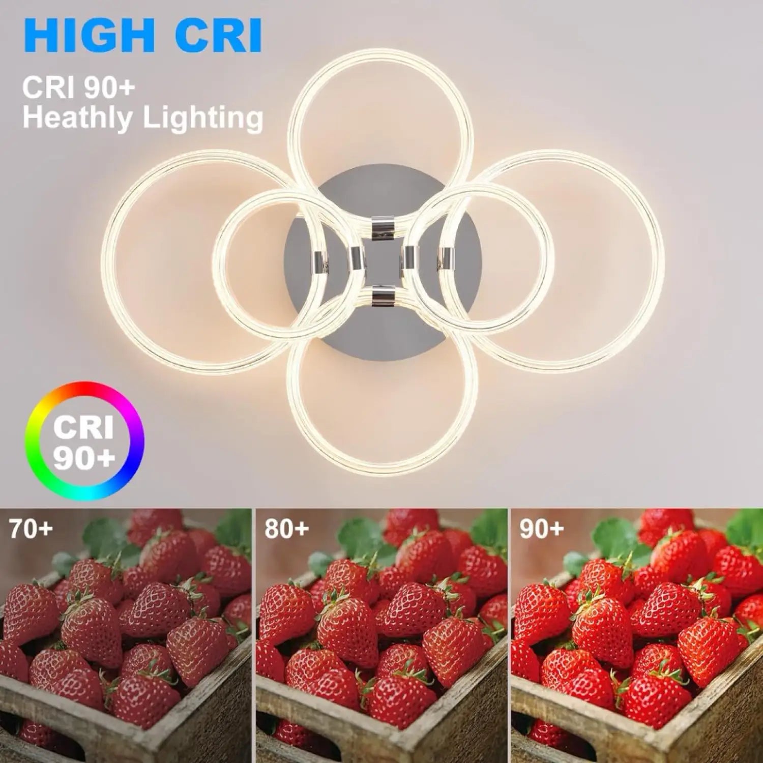 Ceiling Light Mount with 6 Rings Dimmable LED & Remote Control - Chrome Plating - Ceiling Light