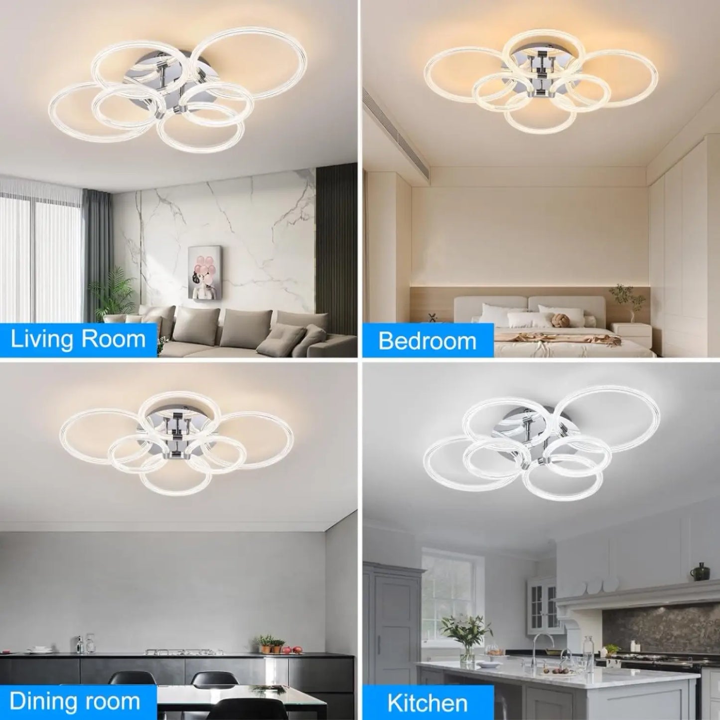 Ceiling Light Mount with 6 Rings Dimmable LED & Remote Control - Chrome Plating - Ceiling Light
