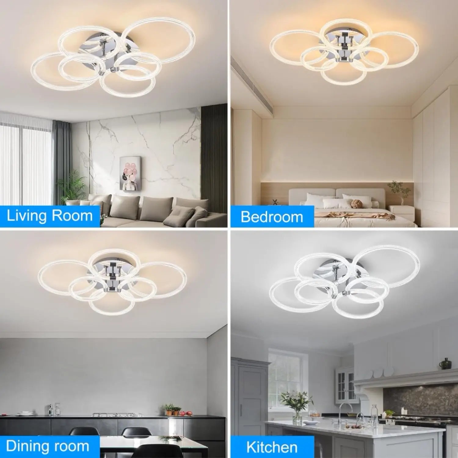 Ceiling Light Mount with 6 Rings Dimmable LED & Remote Control - Chrome Plating - Ceiling Light