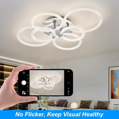 Ceiling Light Mount with 6 Rings Dimmable LED & Remote Control - Chrome Plating - Ceiling Light