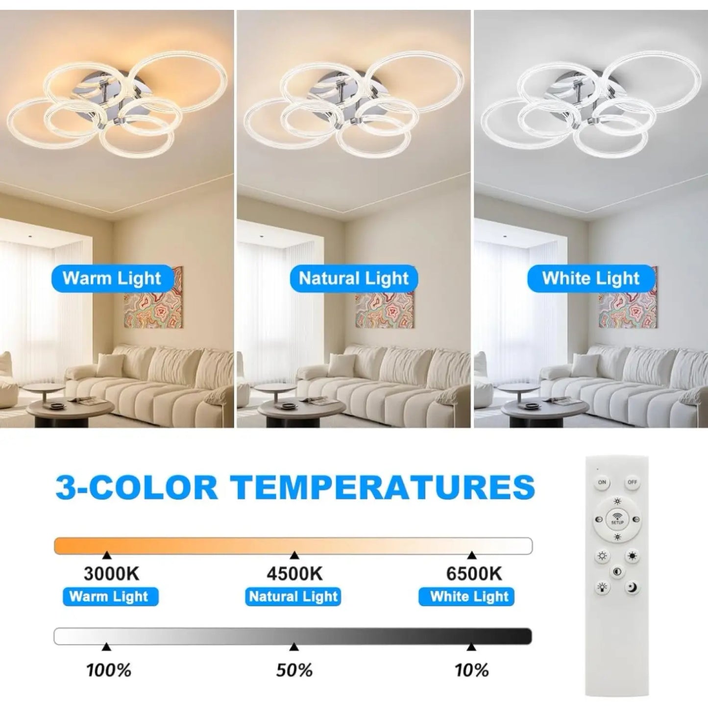 Ceiling Light Mount with 6 Rings Dimmable LED & Remote Control - Chrome Plating - Ceiling Light