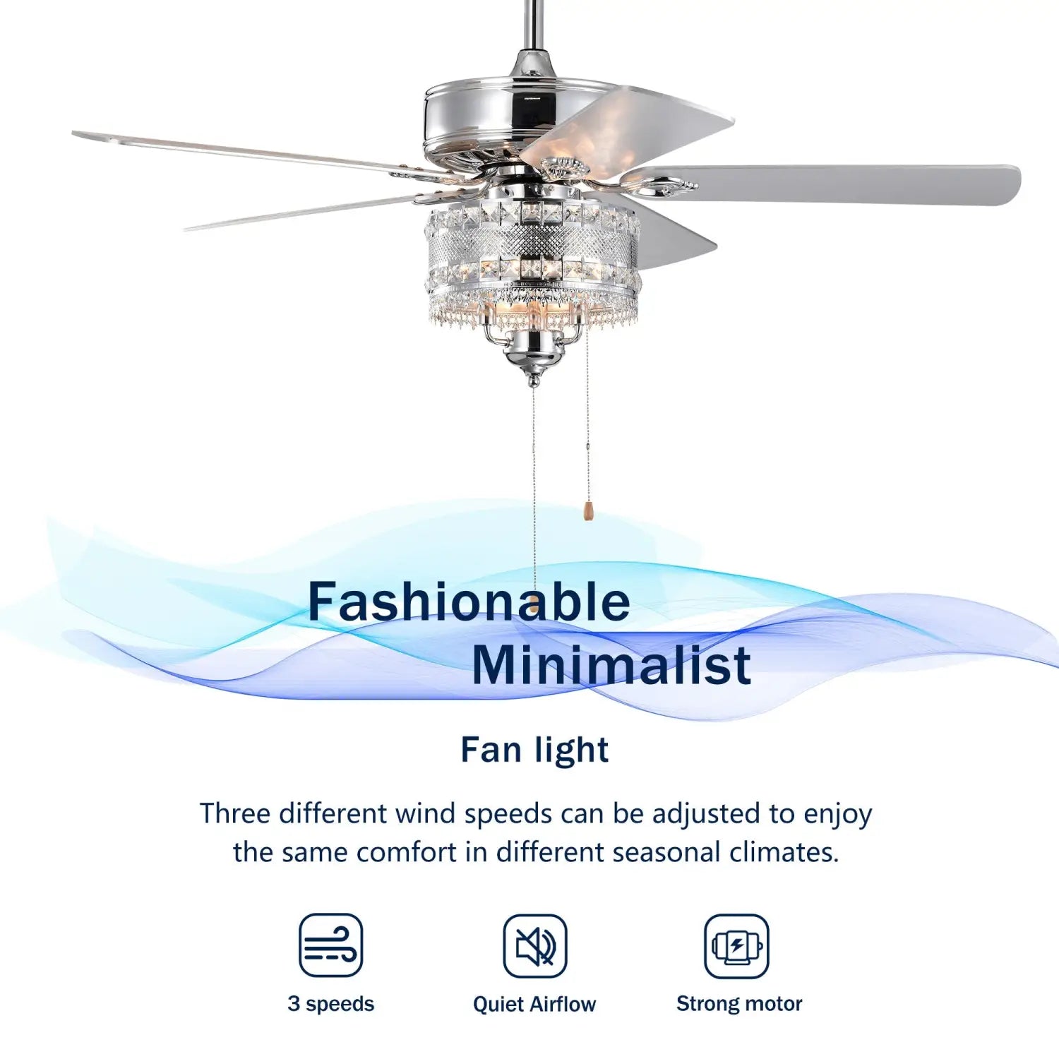 Crystal Ceiling Fan with 5 Reversible Blades and LED Chandelier - Chrome - 12V Hanging Light