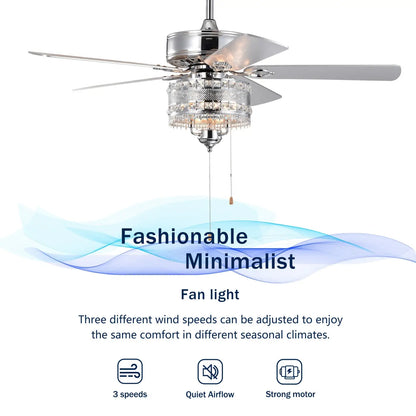 Crystal Ceiling Fan with 5 Reversible Blades and LED Chandelier - Chrome - 12V Hanging Light