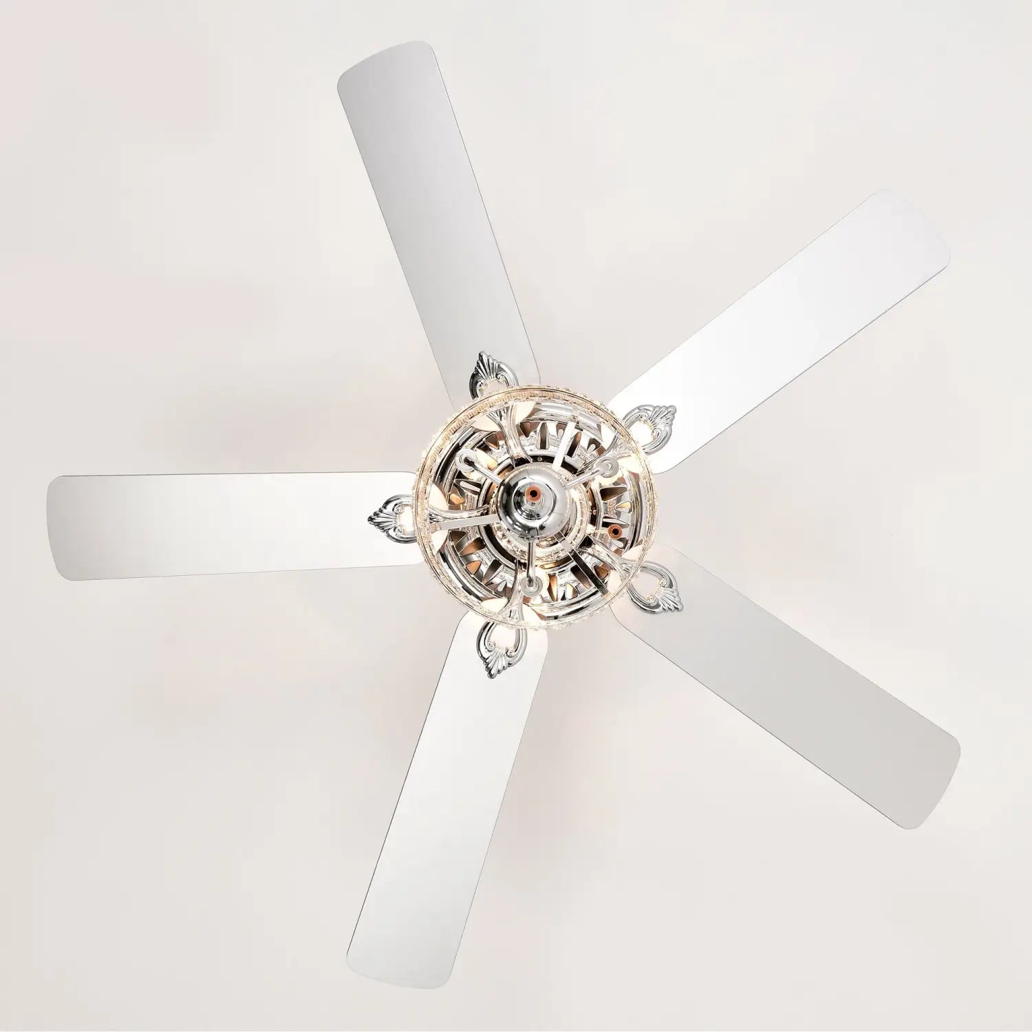 Crystal Ceiling Fan with 5 Reversible Blades and LED Chandelier - Chrome - 12V Hanging Light