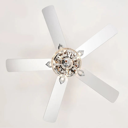 Crystal Ceiling Fan with 5 Reversible Blades and LED Chandelier - Chrome - 12V Hanging Light