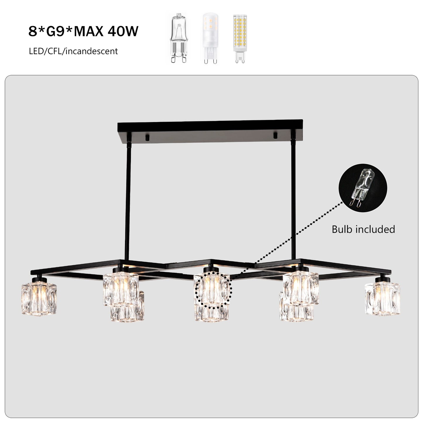 Crystal Chandelier for Dining Room with 8 Light for Modern Farmhouse Design Matte Black 12V Hanging Light