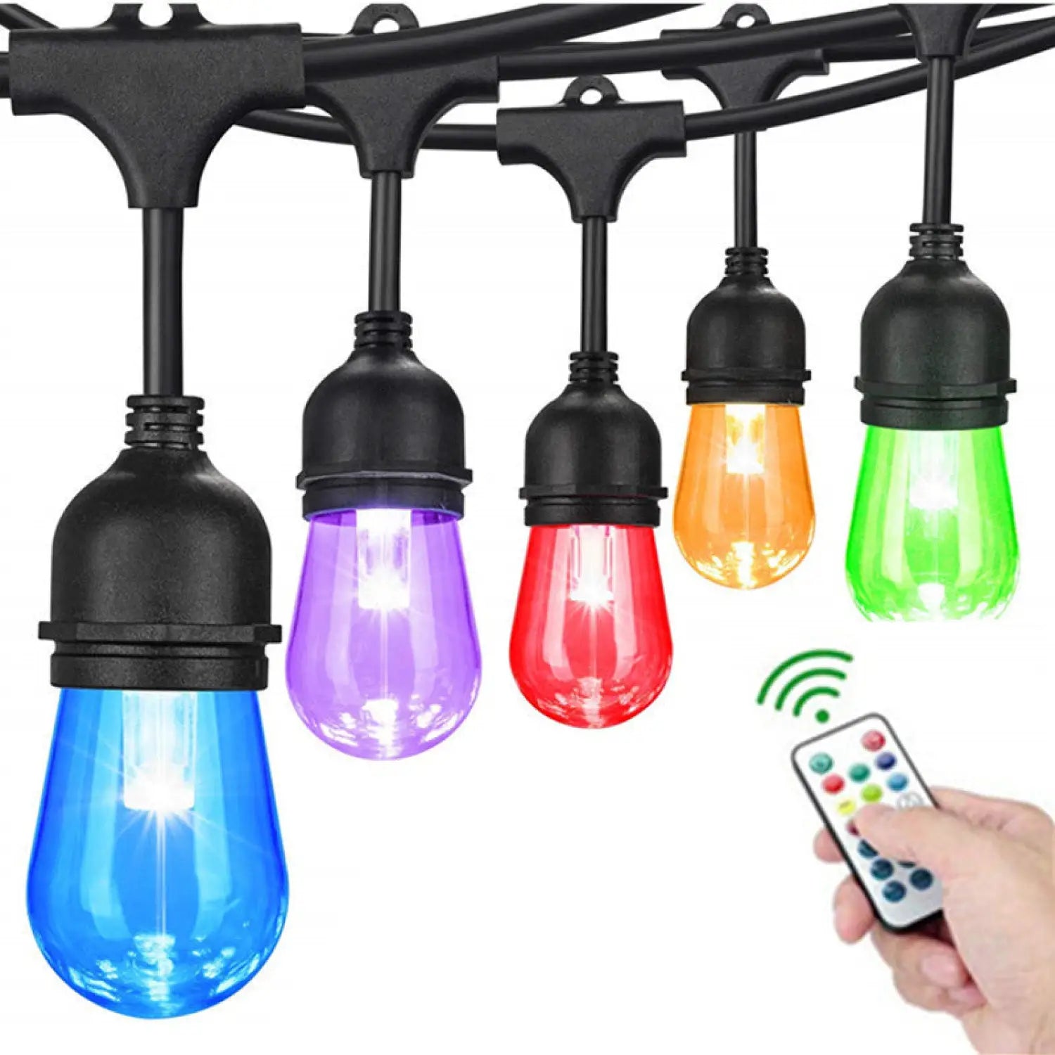 String lights with colorful bulbs and a remote control on a white background