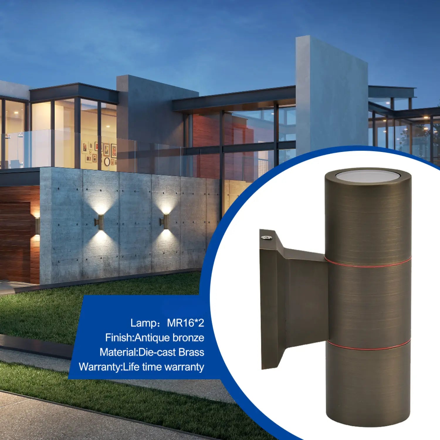 Die Cast Brass Up Down Cylinder Wall Sconce with IP65 Rating