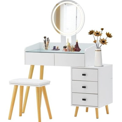 Dressing Table With LED Lights Glass Top Dressing Table With Extendable Side Table 5 Drawers Dressing Table With Mirror