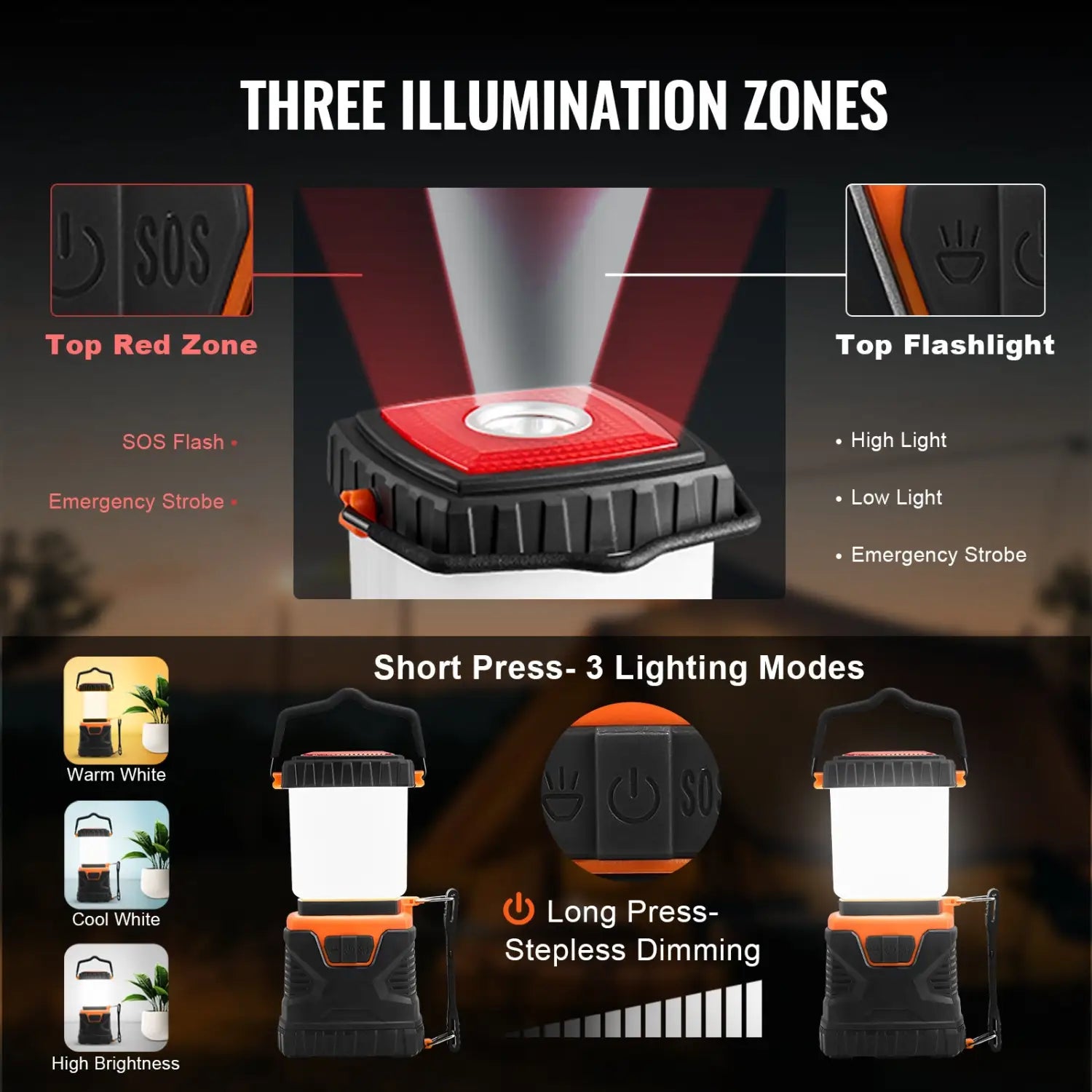 VEVOR LED Camping Lantern Battery Powered All-in-one For Exceptional Experience - Black - 12V Hanging Light