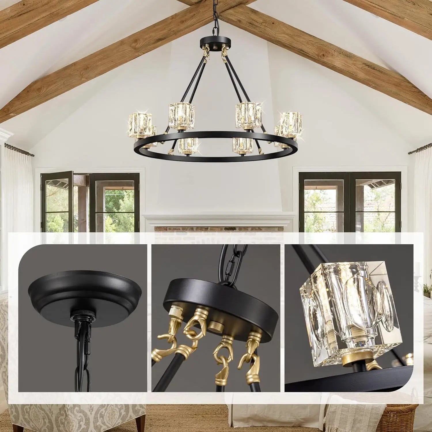 Elegant Adjustable Height Wagon Wheel Chandelier for Modern Homes - Black - 12V Hanging Light