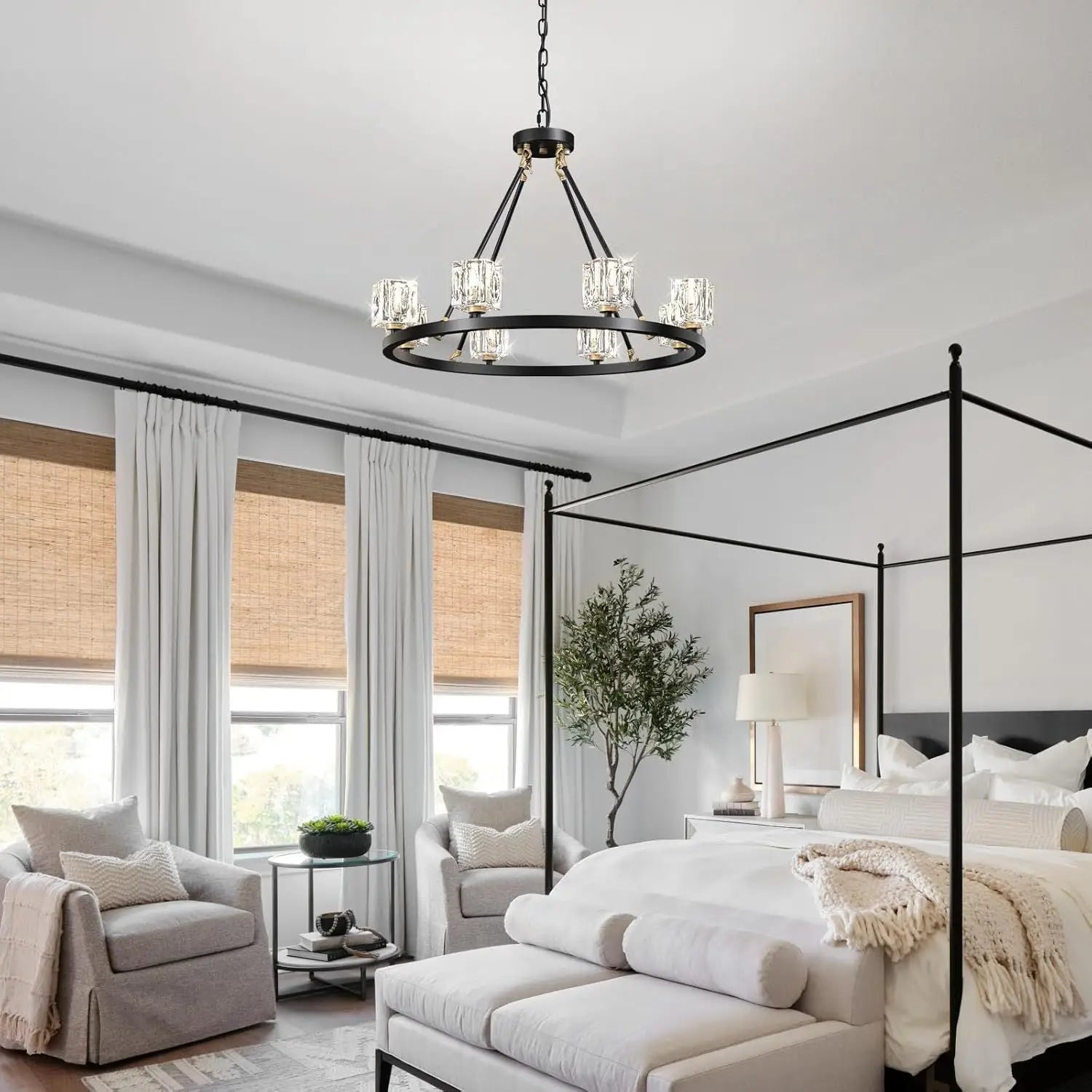 Elegant Adjustable Height Wagon Wheel Chandelier for Modern Homes - Black - 12V Hanging Light
