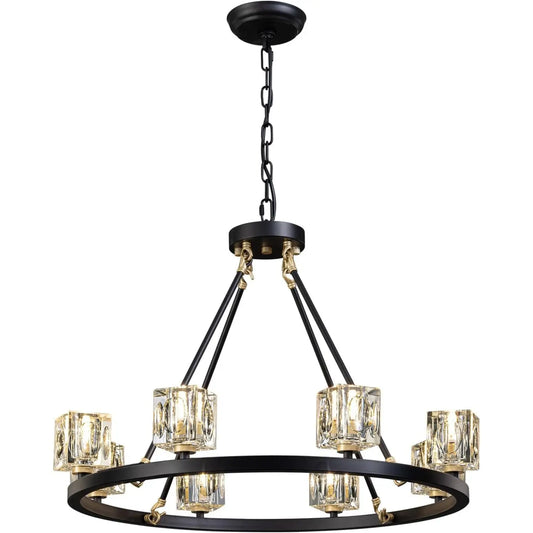 Elegant Adjustable Height Wagon Wheel Chandelier for Modern Homes - Black - 12V Hanging Light
