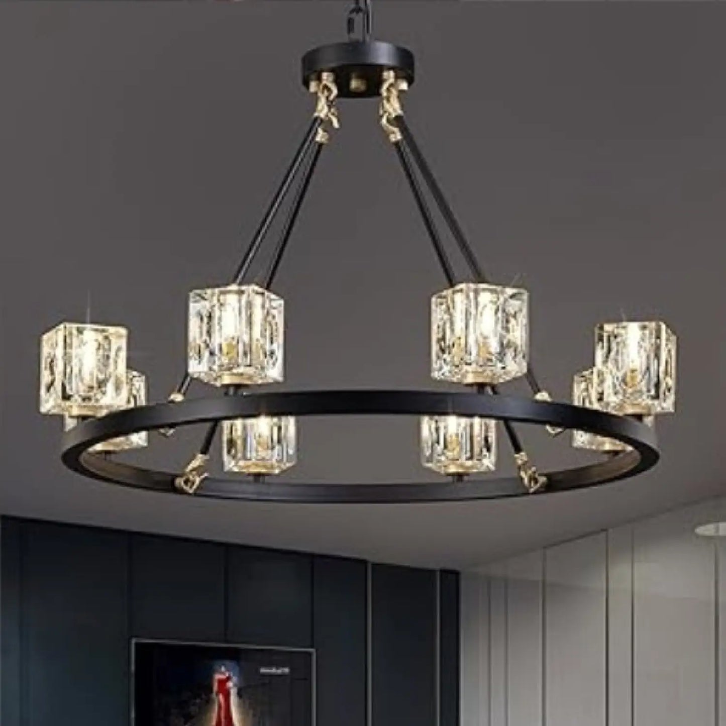 Elegant Adjustable Height Wagon Wheel Chandelier for Modern Homes - Black - 12V Hanging Light