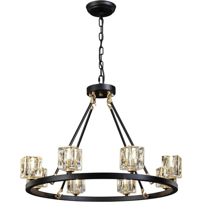 Elegant Adjustable Height Wagon Wheel Chandelier for Modern Homes - Black - 12V Hanging Light