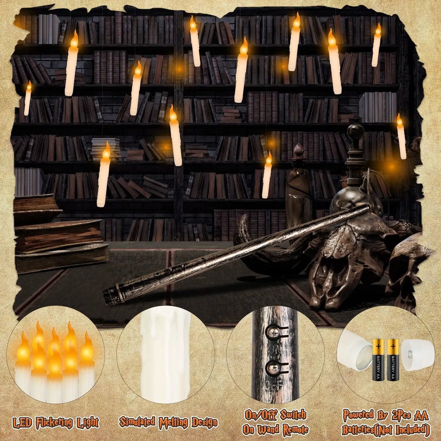 Flameless Floating Candles with Magic Wand Remote – LED Hanging Candle Set - Decorative Lights