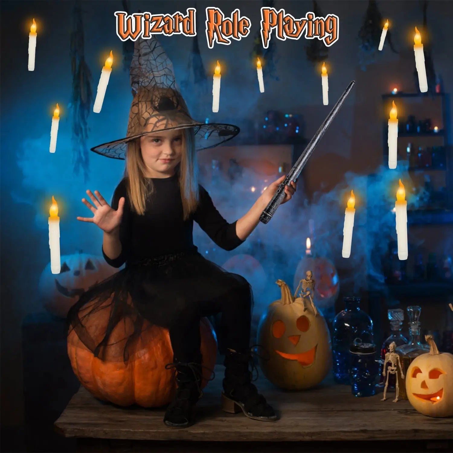 Flameless Floating Candles with Magic Wand Remote – LED Hanging Candle Set - Decorative Lights