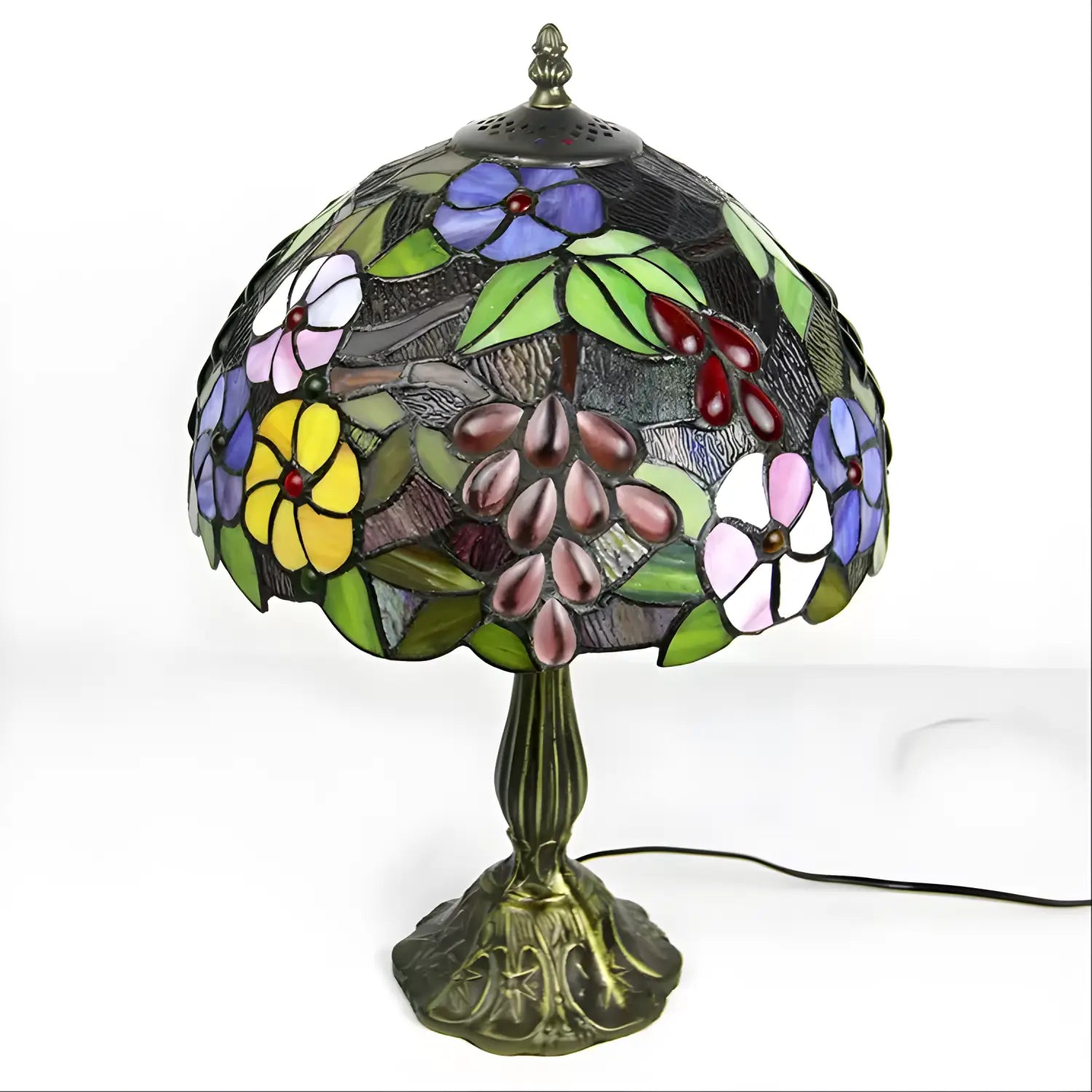 Grape & Daisy Pattern Tiffany Glass Tabletop Lamp - No Bulb - Table Lamp