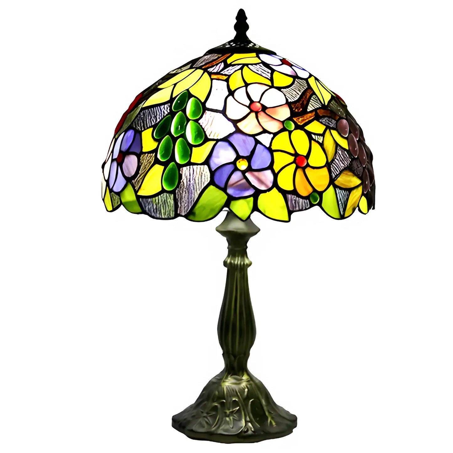 Grape & Daisy Pattern Tiffany Glass Tabletop Lamp - No Bulb - Table Lamp