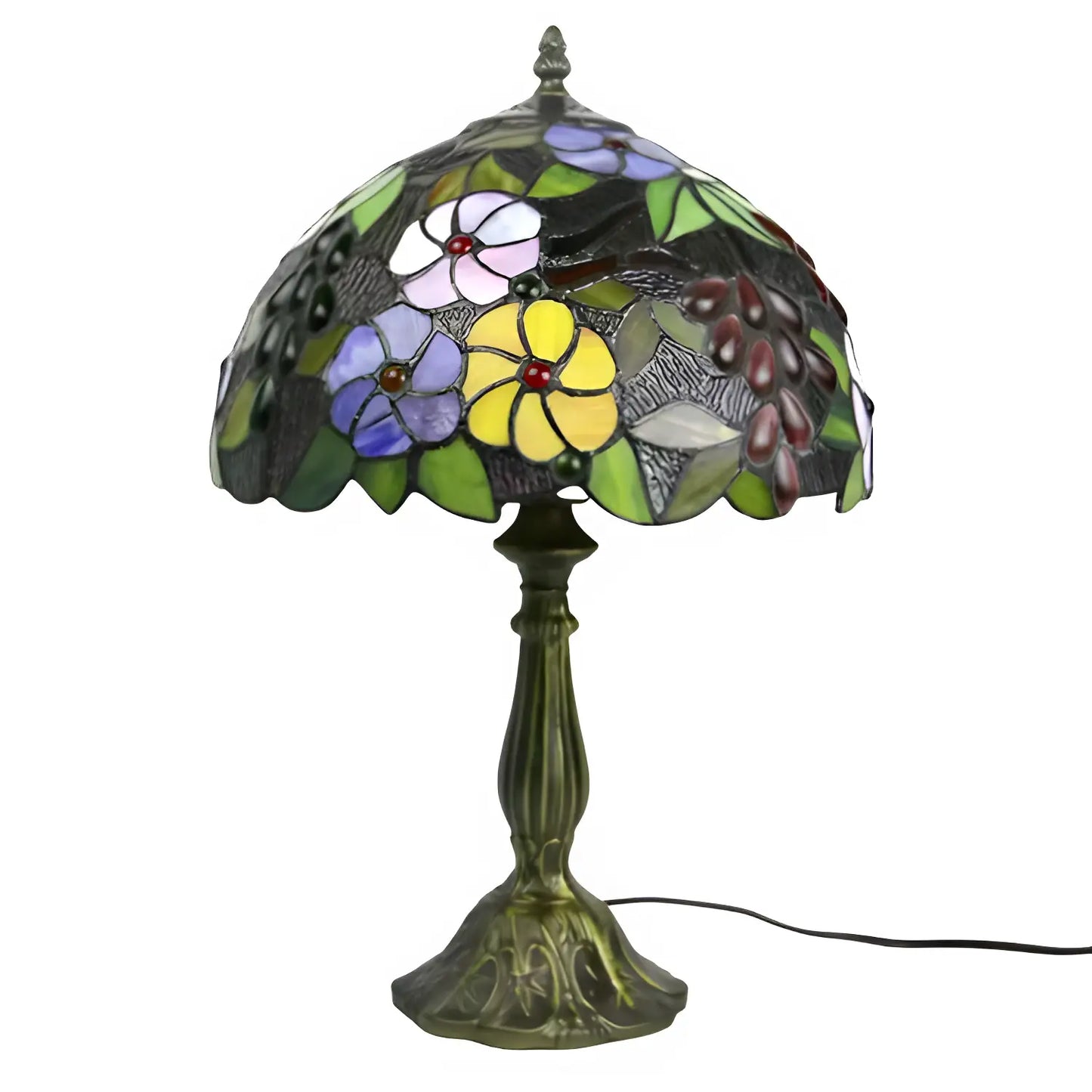 Grape & Daisy Pattern Tiffany Glass Tabletop Lamp - No Bulb - Table Lamp